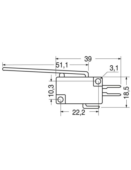 Limit switch with lever 51.1mm, 4.8mm faston terminals, 250V 5A