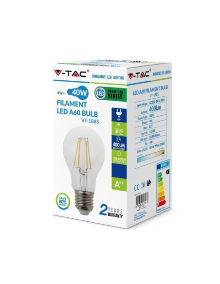 V-TAC VT-1885 LED Gloeilamp E27 4W A60 Filament