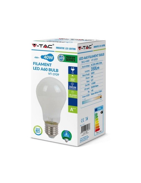 V-TAC VT-1939 LED Bulb E27 4W A60 Filament White