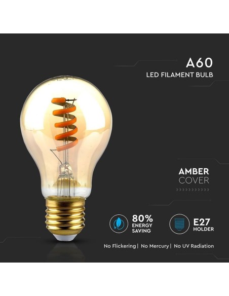 V-TAC VT-2154 7335 Lampadina LED E27 4W A60 Filamento a Spirale Ambrato 2200K