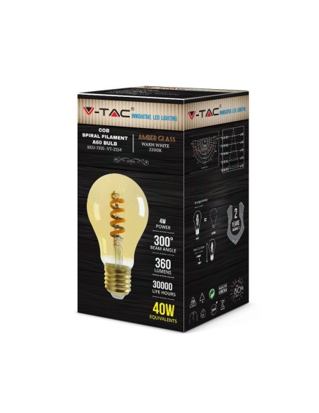 V-TAC VT-2154 7335 Lampadina LED E27 4W A60 Filamento a Spirale Ambrato 2200K
