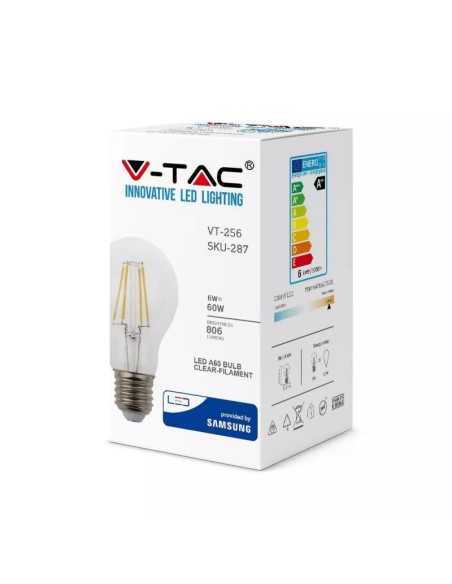 V-TAC PRO VT-256 287 Bombilla LED Chip Samsung E27 6W A60 Filamento 2700K