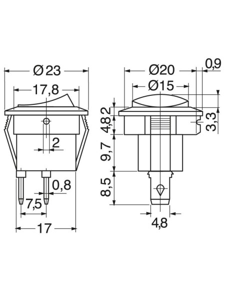 SPST single-pole rocker switch ON-OFF with red button and 4.8mm faston terminals, mounting hole Ø20mm, 250V 6.5A