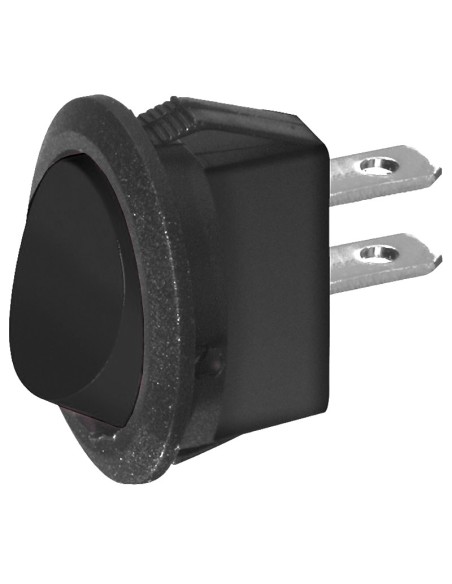 SPST single-pole rocker switch ON-OFF with black button and 4.8mm faston terminals, mounting hole Ø20mm, 250V 6.5A