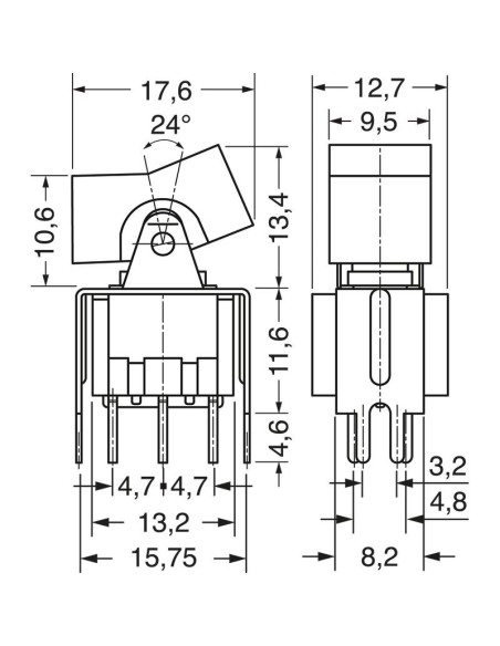 Double pole rocker switch DPDT ON-ON with black button, for PCB, 125V 6A