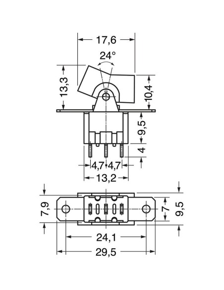 Single-pole rocker switch SPDT ON-ON with black button and solder terminals, screw fixing, 125V 6A