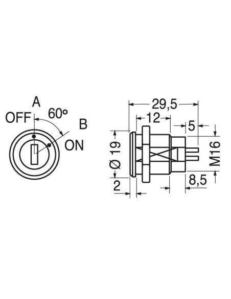 Interruptor de llave unipolar de 2 posiciones, agujero de montaje Ø16mm, 250V 0,5A - JTIC S332