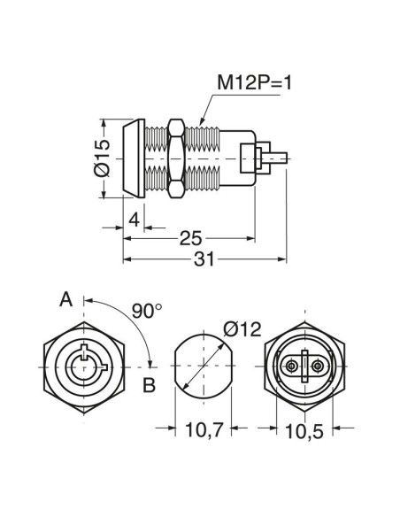 Interrupteur à clé unipolaire à 2 positions, trou de montage Ø12mm, 250V 0.5A - JTIC NS117Z-2