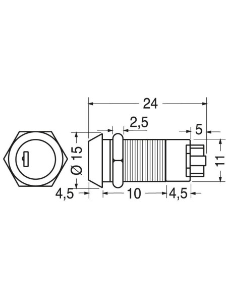 Single-pole 2-position key switch, mounting hole Ø12mm, 250V 0.5A - JTIC NS102-2