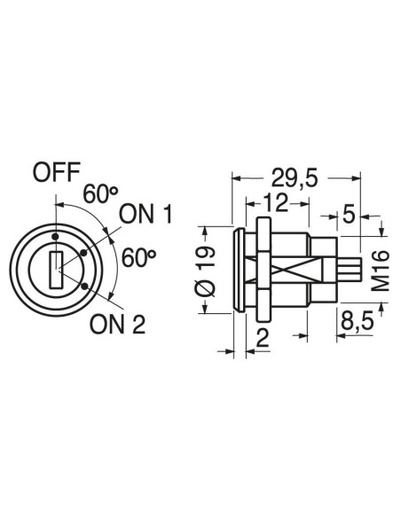 Interrupteur à clé unipolaire à 3 positions, trou de montage Ø16mm, 250V 0.5A - JTIC S333