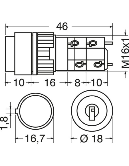 Schlüsselschalter mit 2 Positionen, 2-polig, Befestigungsloch Ø16mm, IP40, 250V 5A