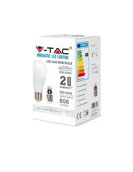 V-TAC VT-2229 Bombilla LED E27 9W A60 con mando a distancia RGB