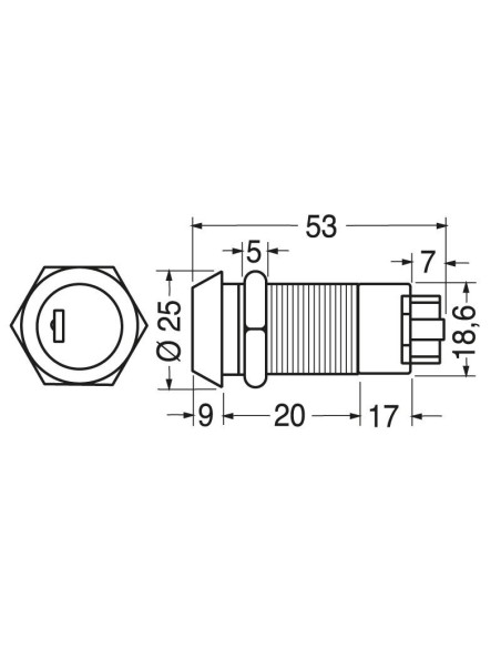 Single-pole 2-position key switch, mounting hole Ø19mm, 12V 5A