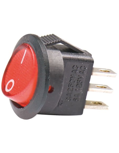 SPST einpoliger Wippschalter ON-OFF mit rot beleuchtetem Taster und Lötanschlüssen, Befestigungsloch Ø14mm, 250V 3A