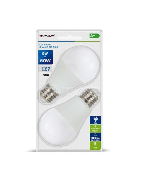 V-TAC VT-2149 7309 Blister 2 LED bulbs E27 9W A60 3 colours in 1 3000K + 4000K + 6400K