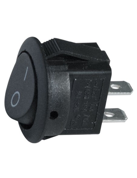 SPST single-pole rocker switch ON-OFF with black button and 4.8mm faston terminals, mounting hole Ø20mm, 250V 6.5A