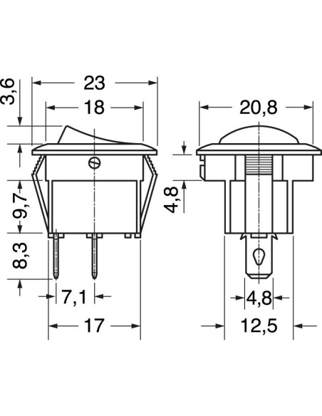 Einpoliger SPST-Wippschalter ON-OFF mit schwarzem Taster und 4,8-mm-Fastonklemmen, Befestigungsloch Ø20mm, 250V 6,5A