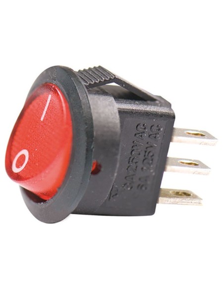 SPST enkelpolige tuimelschakelaar ON-OFF met rode verlichte knop en 4,8 mm faston terminals, montagegat Ø20mm, 12V 16A