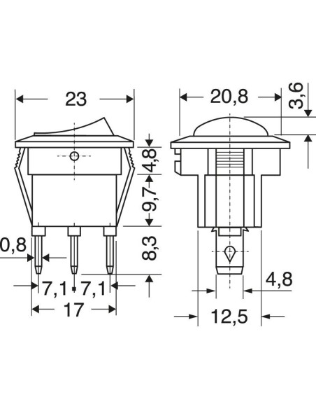 SPST enkelpolige tuimelschakelaar ON-OFF met rode verlichte knop en 4,8 mm faston terminals, montagegat Ø20mm, 12V 16A