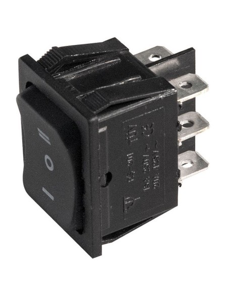 Zweipoliger Wippschalter DPDT (ON)-OFF-(ON) mit schwarzem Taster und 6,35mm Fastonklemmen, Befestigungsloch 30x22mm, 125V 20A