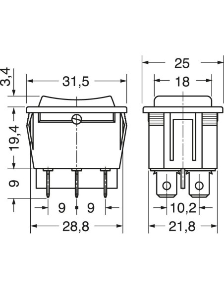 Zweipoliger Wippschalter DPDT (ON)-OFF-(ON) mit schwarzem Taster und 6,35mm Fastonklemmen, Befestigungsloch 30x22mm, 125V 20A