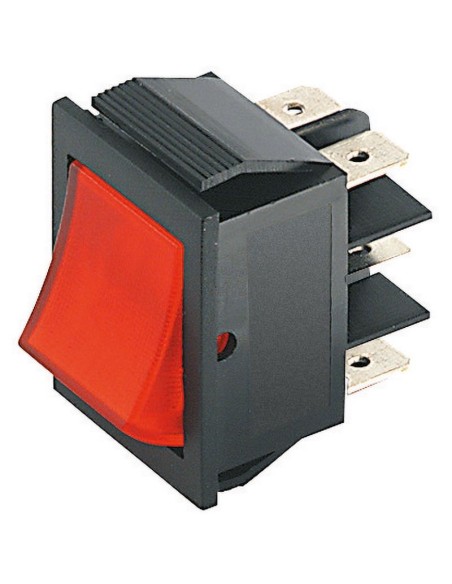 Interruptor bipolar DPDT ON-ON con pulsador de luz roja y terminales faston de 6,35mm, agujero de montaje 31x22,7mm, 250V 15A