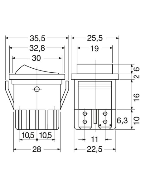 Interrupteur à bascule bipolaire DPDT ON-ON avec bouton lumineux rouge et bornes faston 6,35mm, trou 31x22,7mm, 250V 15A
