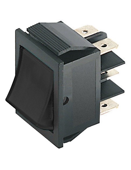 DPDT tweepolige tuimelschakelaar ON-ON met zwarte knop en 6,35mm faston terminals, montagegat 31x22,7mm, 250V 15A