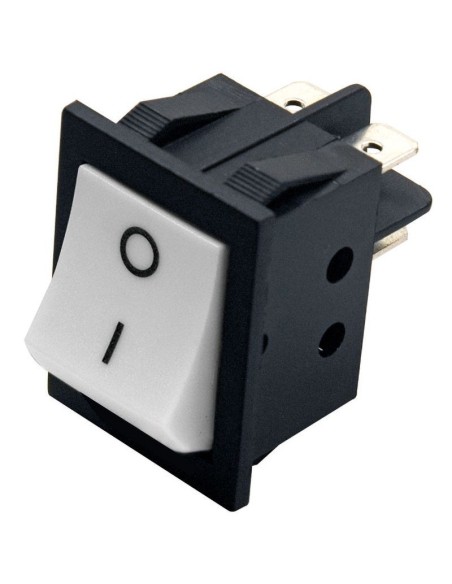 Interrupteur à bascule DPST bipolaire (ON)-OFF avec bouton blanc et bornes faston 6,35mm, trou de montage 31x22,3mm, 250V 15A
