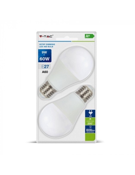 V-TAC VT-2129 Blister of 2 LED bulbs E27 9W A60 Dimmable 3 Step