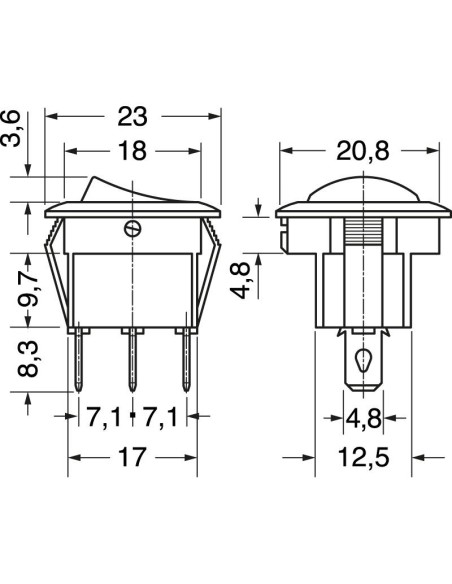 Einpoliger SPDT-Wippschalter ON-ON mit schwarzem Taster und 4,8-mm-Fastonklemmen, Befestigungsloch Ø20mm, 250V 6,5A