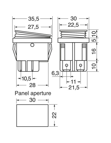 DPST zweipoliger Wippschalter ON-OFF mit rot beleuchtetem Taster und 6,35mm Fastonklemmen Befestigungsloch 30x22mm IP65 250V 16A