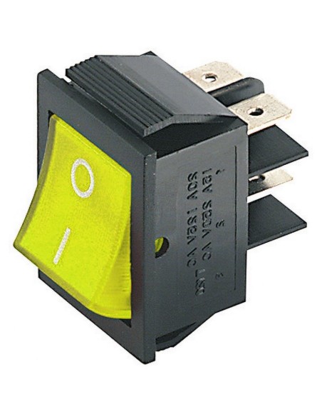 DPST tweepolige tuimelschakelaar ON-OFF met gele verlichte knop en 6,35mm faston terminals, montagegat 31x22,7mm, 250V 15A