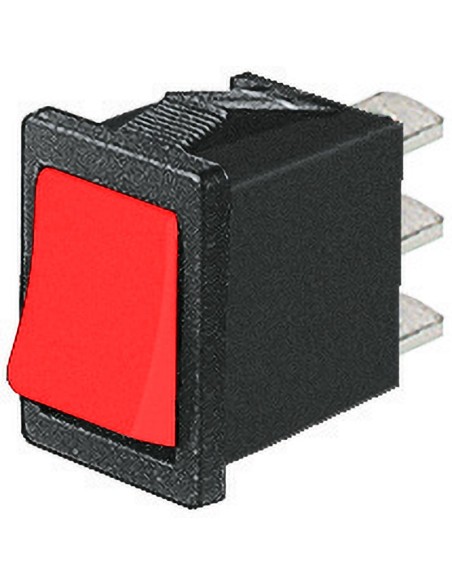 SPDT single-pole rocker switch ON-ON with red button and 4.8mm faston terminals, mounting hole 19.2x13mm, 250V 6A