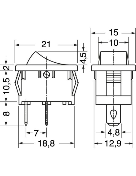 Interrupteur à bascule unipolaire SPST ON-OFF avec bouton noir et bornes faston 4,8mm, trou de montage 19x13mm, 250V 6A