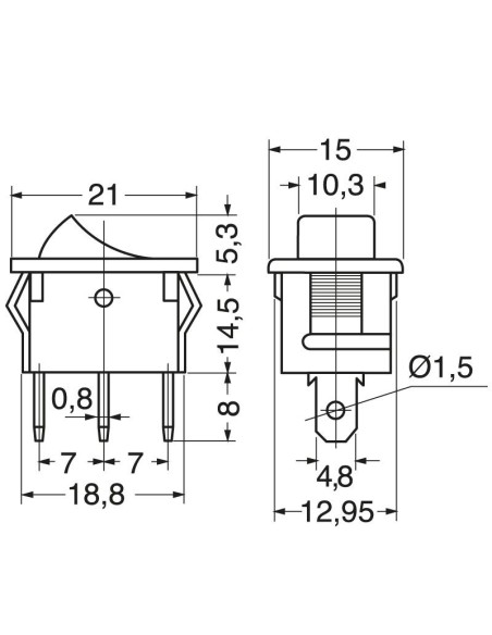 SPST single-pole rocker switch ON-OFF with red illuminated button and 4.8mm faston terminals, mounting hole 19x13mm, 250V 6A