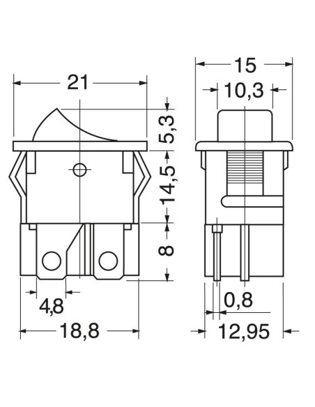 Einpoliger SPST-Wippschalter ON-OFF mit schwarzem Taster und 4,8-mm-Fastonklemmen, Befestigungsloch 19x13mm, 250V 6A