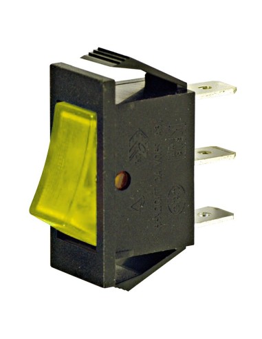 Interruptor basculante unipolar SPST ON-OFF pulsador amarillo iluminado y  terminales faston 6,35mm agujero 27