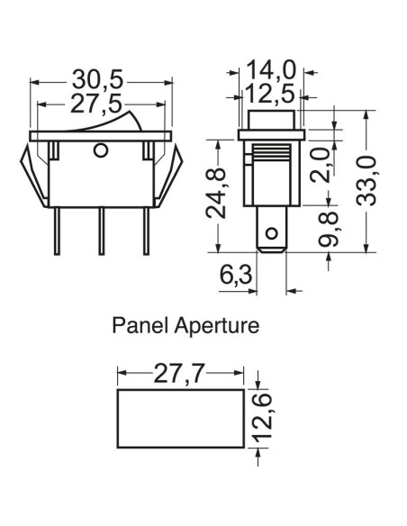 Einpoliger SPST-Wippschalter ON-OFF mit rot beleuchtetem Taster und 6,35 Fastonklemmen Befestigungsloch 27,7x12,6 mm, 250 V 16 A