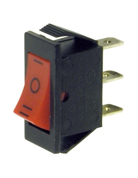 Single-pole rocker switch SPDT ON-OFF-ON with red button and 6.35mm faston terminals, mounting hole 27.7x12.6mm, 250V 16A