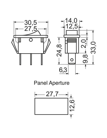 Interrupteur à bascule unipolaire SPDT ON-OFF-ON avec bouton rouge et bornes faston 6,35mm, trou 27,7x12,6mm, 250V 16A