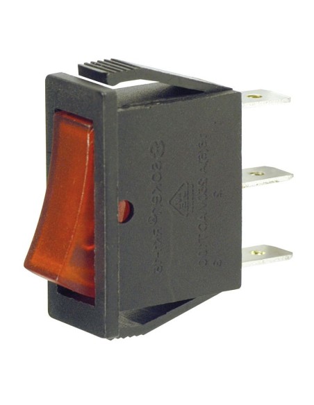 SPST single-pole rocker switch ON-OFF with red illuminated button and 6.35mm faston terminals, hole 29.5x10.5mm, 250V 16A