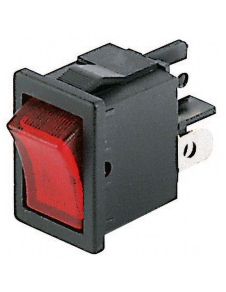 DPST double pole rocker switch ON-OFF with red illuminated button and 4.8mm faston terminals, mounting hole 19x13mm, 250V 6A