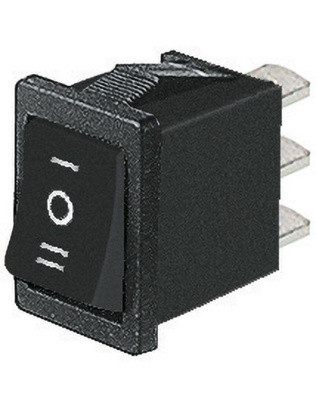 Interrupteur à bascule unipolaire SPDT ON-OFF-ON avec bouton noir et bornes faston 4.8mm, trou de montage 19.2x13mm, 250V 6A