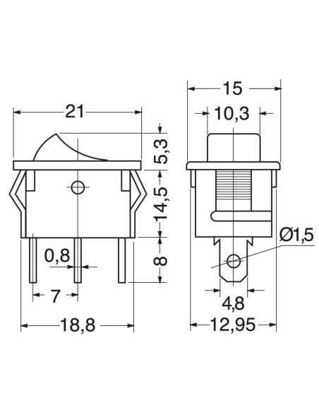 Single-pole rocker switch SPDT ON-OFF-ON with black button and 4.8mm faston terminals, mounting hole 19.2x13mm, 250V 6A
