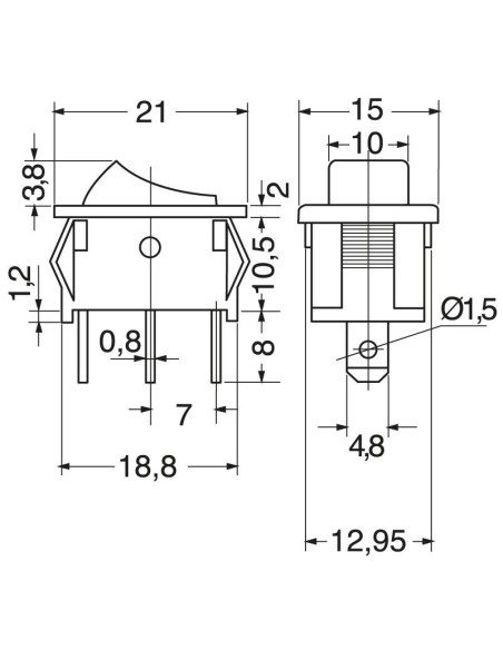 Interruptor unipolar SPDT ON-ON con botón blanco y terminales faston de 4,8mm, agujero de montaje 19,2x13mm, 250V 6A
