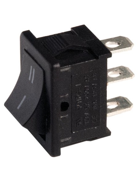 Interrupteur à bascule unipolaire SPDT ON-ON avec bouton noir et bornes faston 4.8mm, trou de montage 19.2x13mm, 250V 6A