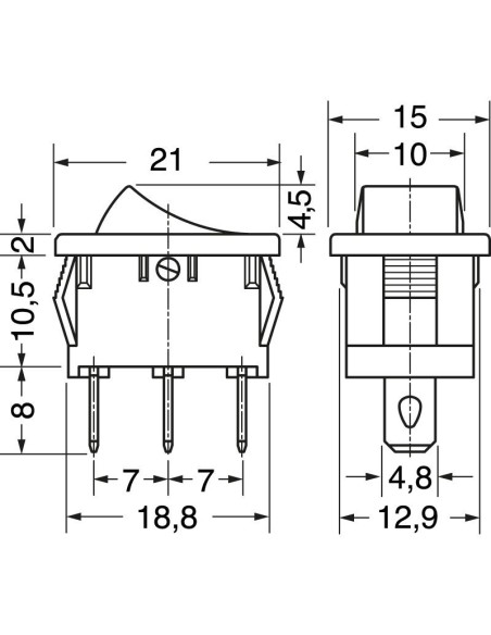 Einpoliger SPDT-Wippschalter ON-ON mit schwarzem Taster und 4,8-mm-Fastonklemmen, Befestigungsloch 19,2x13 mm, 250 V 6 A