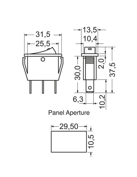 SPST single-pole rocker switch ON-ON with red button and 6.35mm faston terminals, mounting hole 29.5x10.5mm, 250V 16A