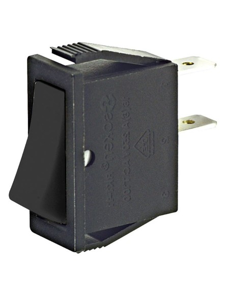 Single-pole rocker switch SPST (ON)-OFF with black button and 6.35mm faston terminals, mounting hole 28.1x10.5mm, 250V 16A